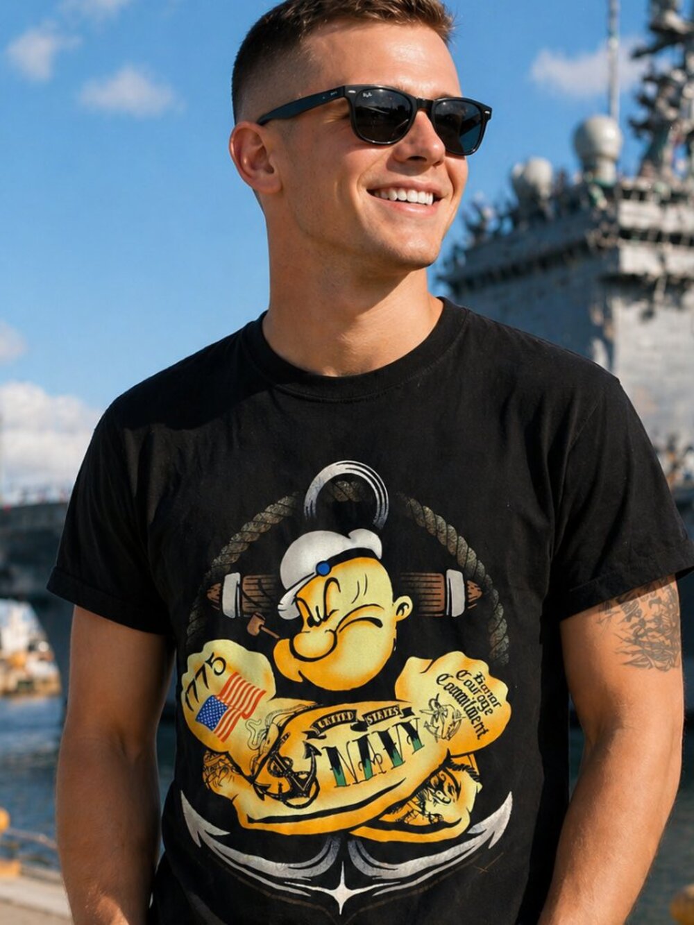 Men's Popeye "United States Navy" Graphic T-Shirt - Navy Motto - - Sz L